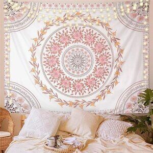 Mandala Tapestry Aesthetic,Boho Tapestry Wall Hanging,Pink Floral Medallion